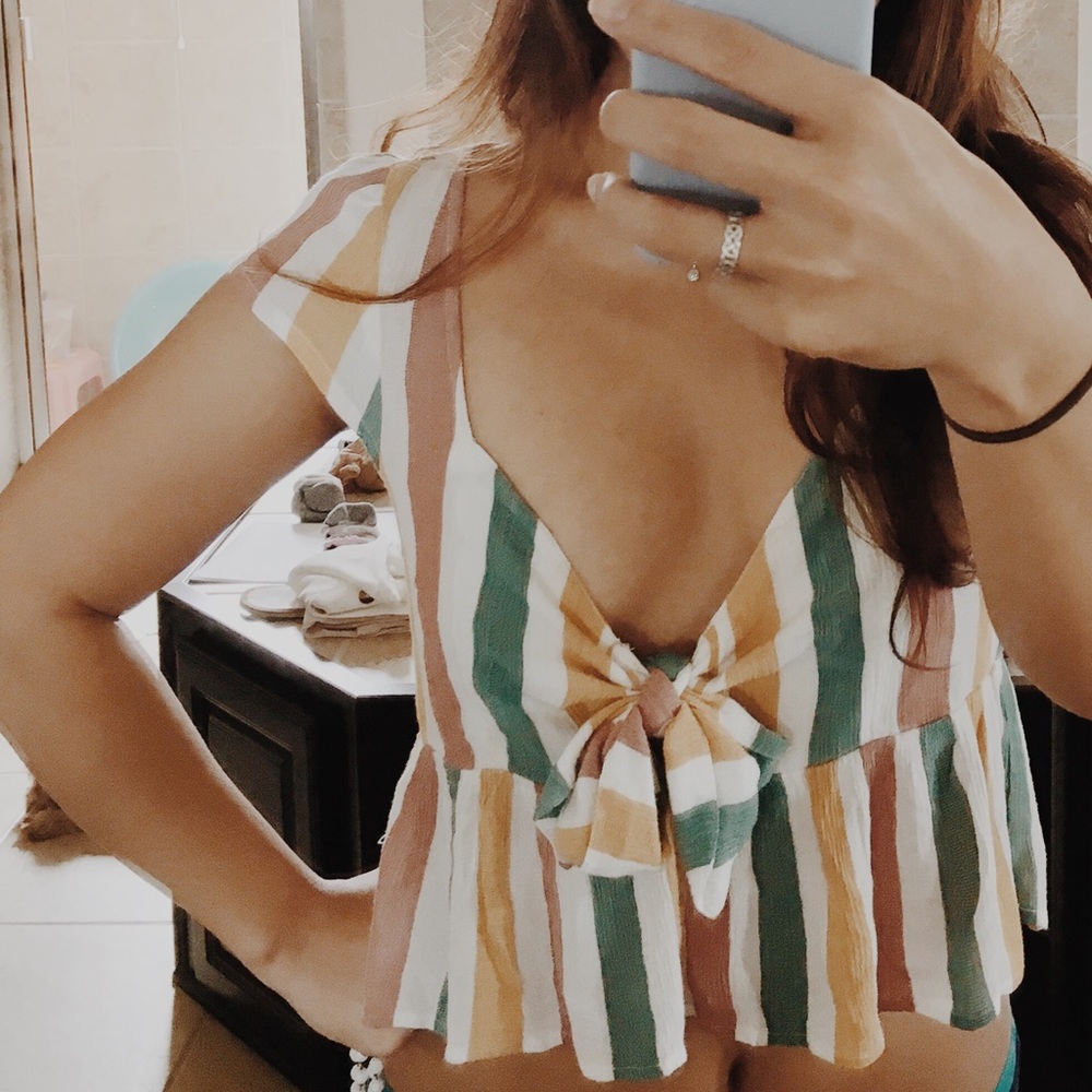 Tie Front Colorful Striped Cropped Blouse Top